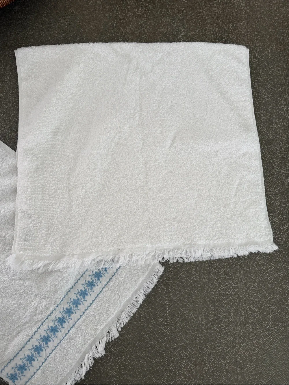 Vintage Wamsutta Heritage White Towel Set with Blue Floral Embroidery